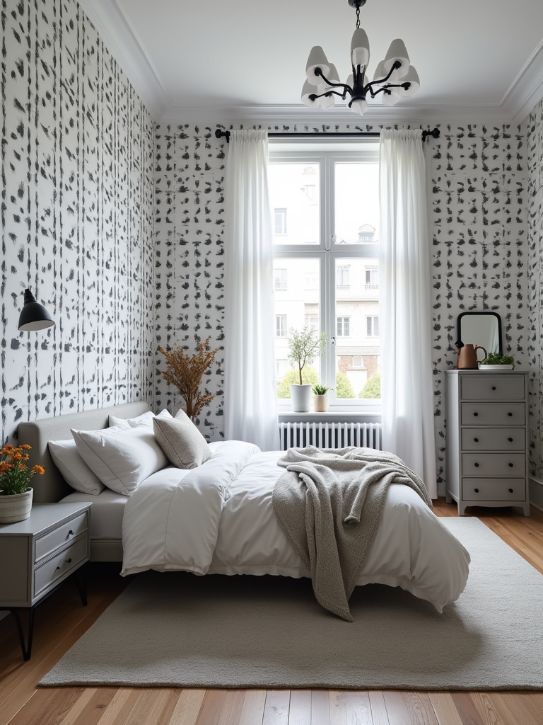 A modern contemporary bedroom featuring a black and white peel-and-stick geometric patterned wallpaper, coupled with simple light gray furniture and natural lighting.