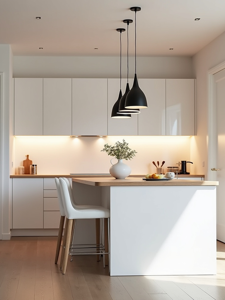 Minimalist black pendant lights hanging above a white kitchen island in a Scandinavian kitchen