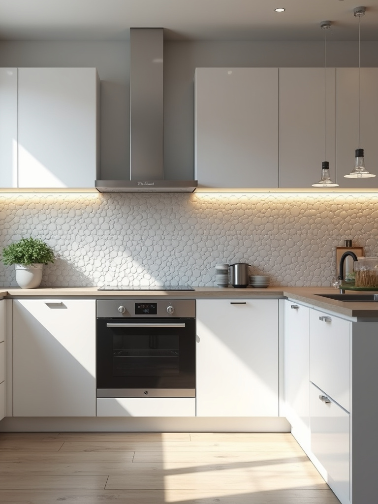 A modern kitchen with a penny round backsplash, showcasing the uniformity and clean aesthetic of the material.