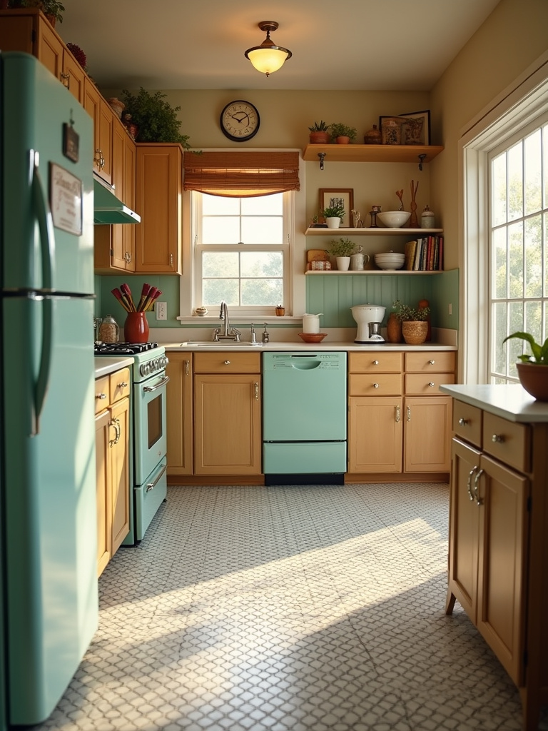“Vintage-inspired kitchen with a white penny tile floor and black grout, retro pastel appliances, and light wood cabinets.”