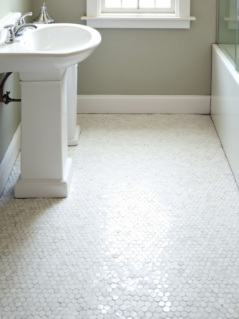A bathroom floor showcasing white penny tiles with black grout, captured with soft, natural lighting.