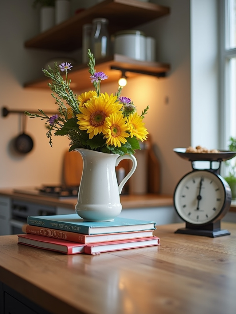 Apartment kitchen countertop with personal touches, including cookbooks, a vase with flowers, and vintage accessories, infusing unique charm and character.