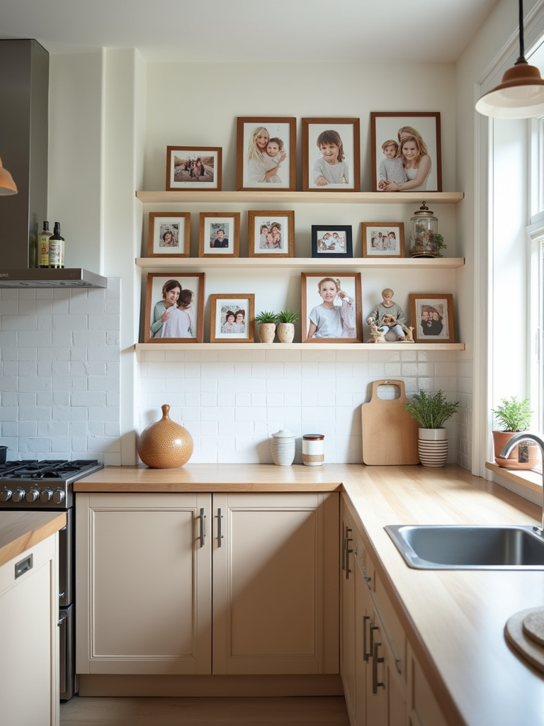 A kitchen featuring a gallery wall of framed family photos.