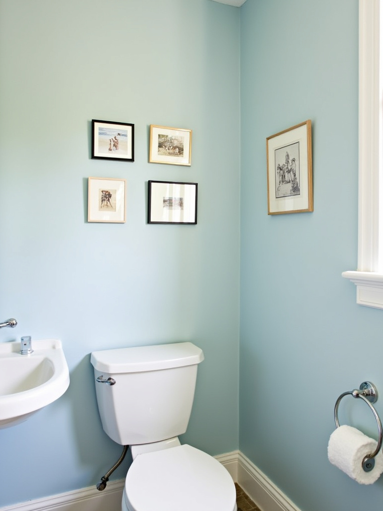 Traditional bathroom featuring a gallery wall of small framed prints and photos above the toilet, personalizing the wall decoration.