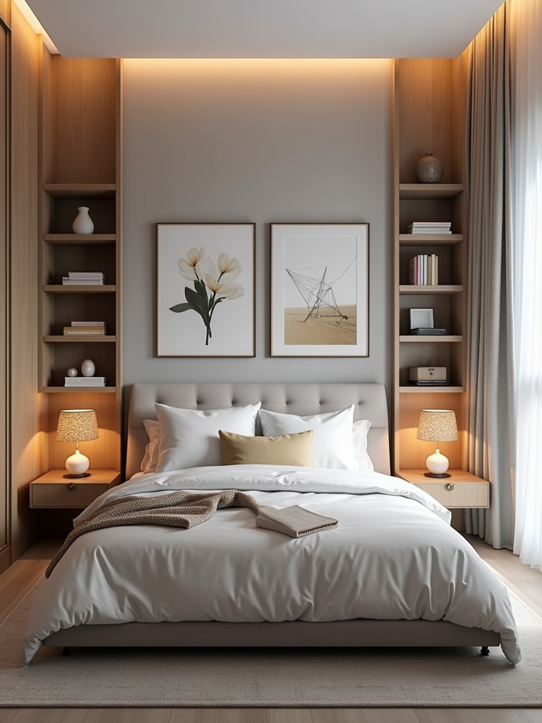 Modern bedroom personalized with a gallery wall of art and unique decor items.