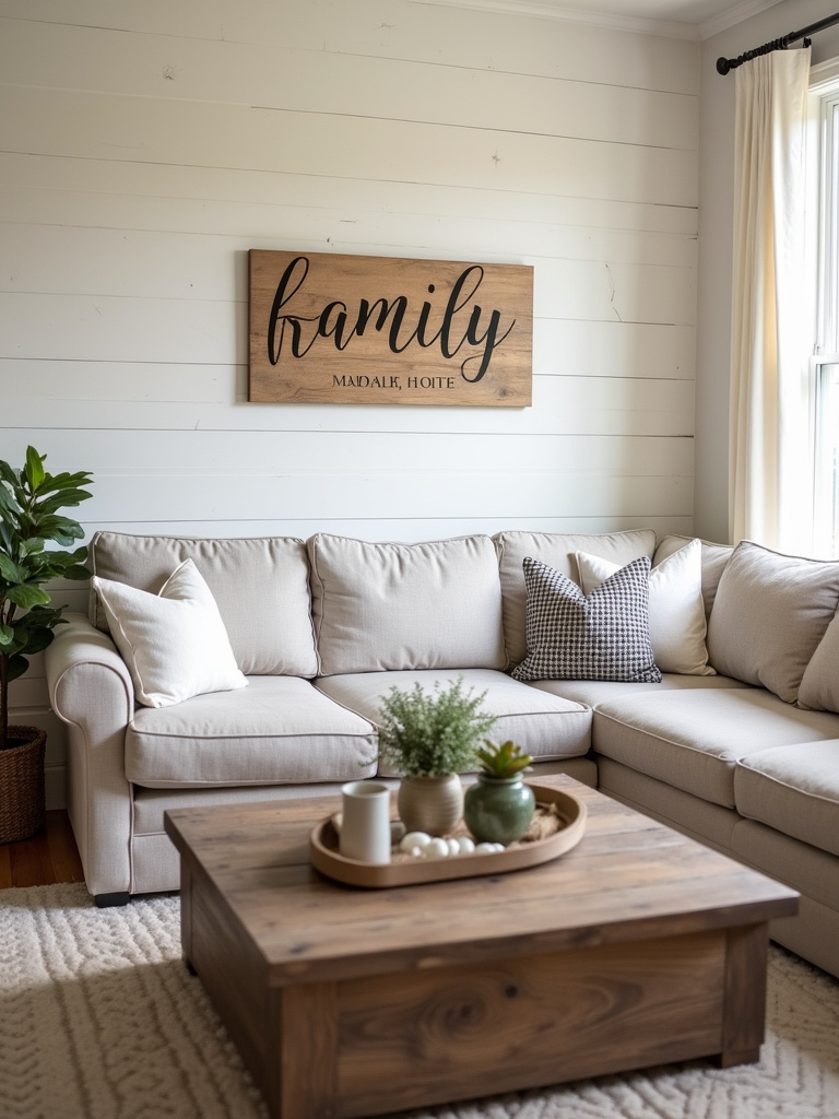 Farmhouse style living room with a personalized wooden family name sign above a comfortable sofa and shiplap walls.