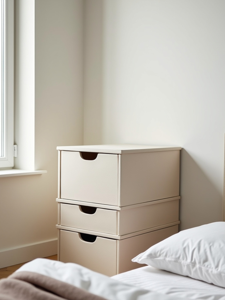 A minimalist bedroom setup with personalized storage boxes stacked neatly, adding both a function and clean decorative element.
