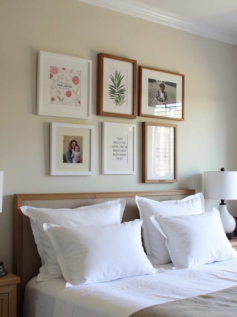 A personalized gallery wall features family photographs and artwork in a master bedroom.