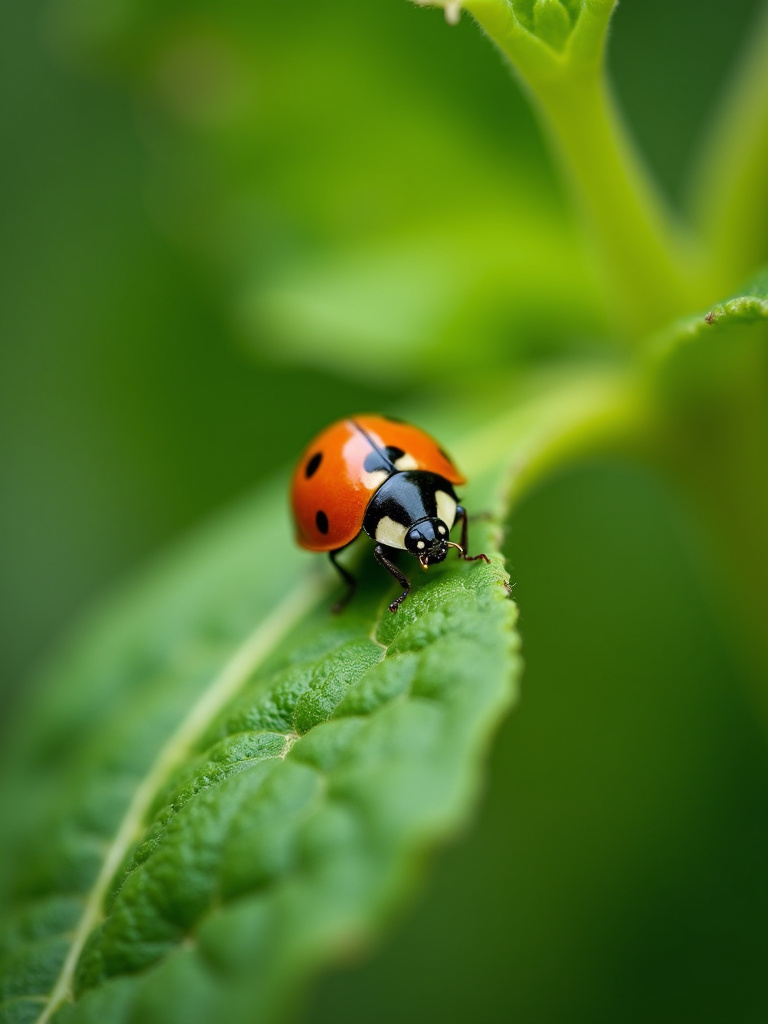Close-up macro shot of a ladybug on a vegetable leaf, showcasing a beneficial insect in a garden setting.