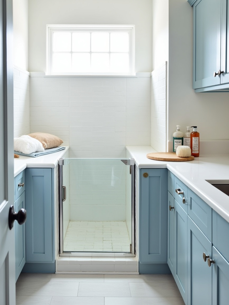 A pet-friendly laundry room featuring a built-in tiled dog shower, designed for pet grooming convenience and functionality.