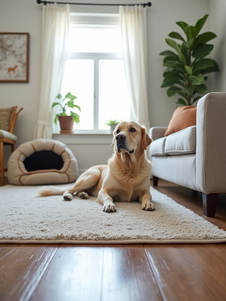 Pet-friendly living room with a durable synthetic rug and comfortable pet-friendly furniture.