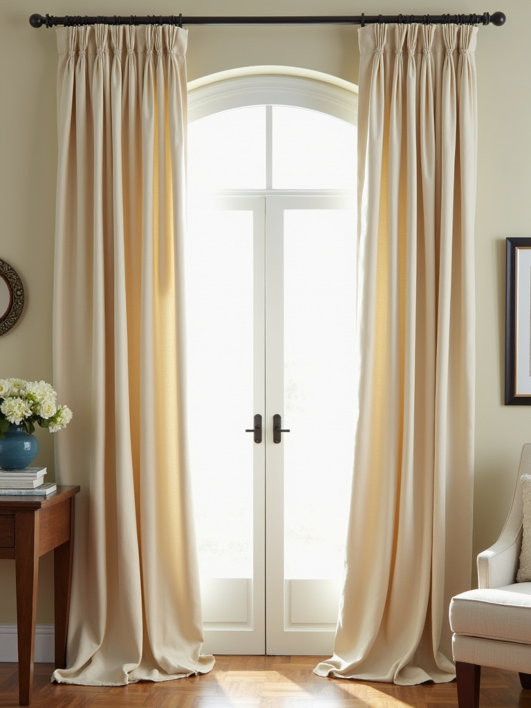 Formal floor length cream-colored pinch pleat curtains providing a formal touch to a living room