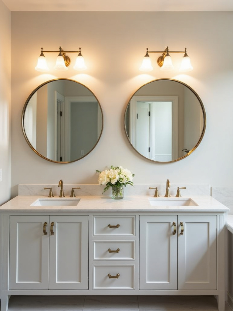 Bathroom with round pivot mirrors above a double vanity, showing adjustable viewing angles.