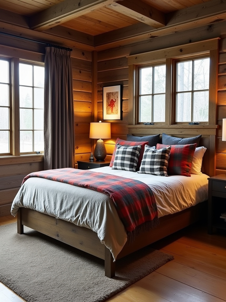 Rustic bedroom with various plaid patterns.