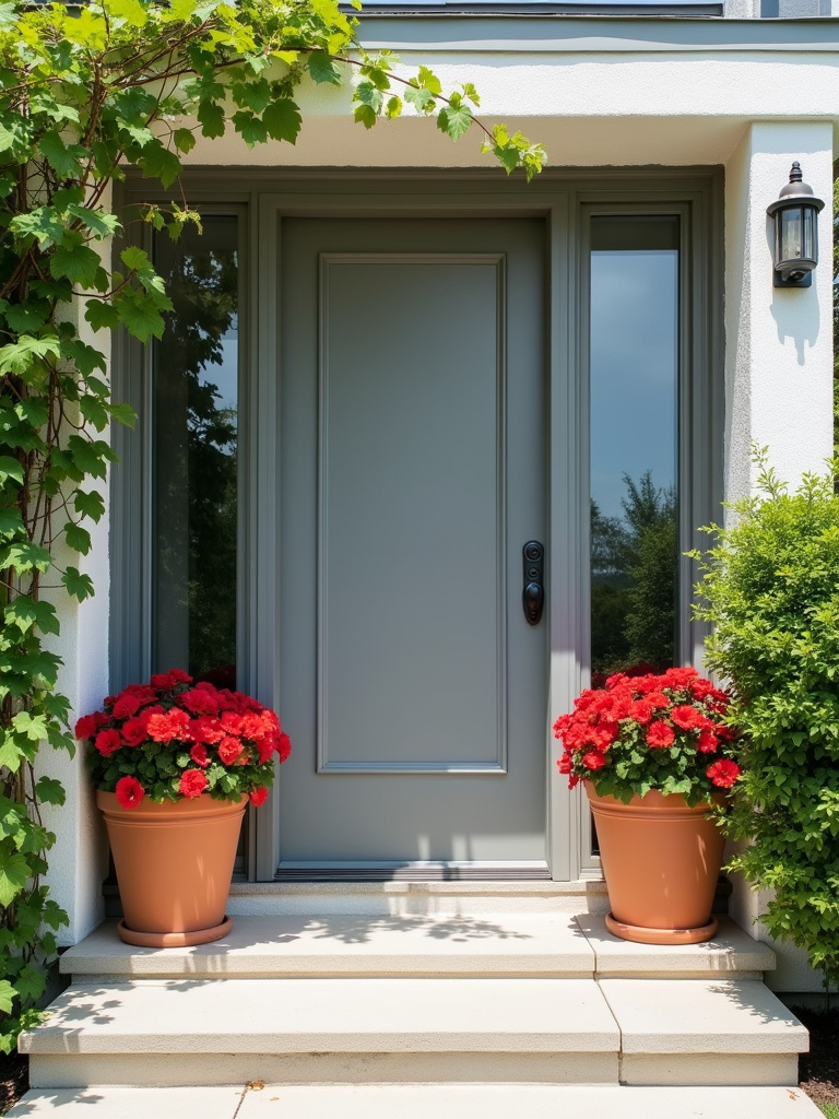 A modern grey front with terracotta planters overflowing with red geraniums and ivy.