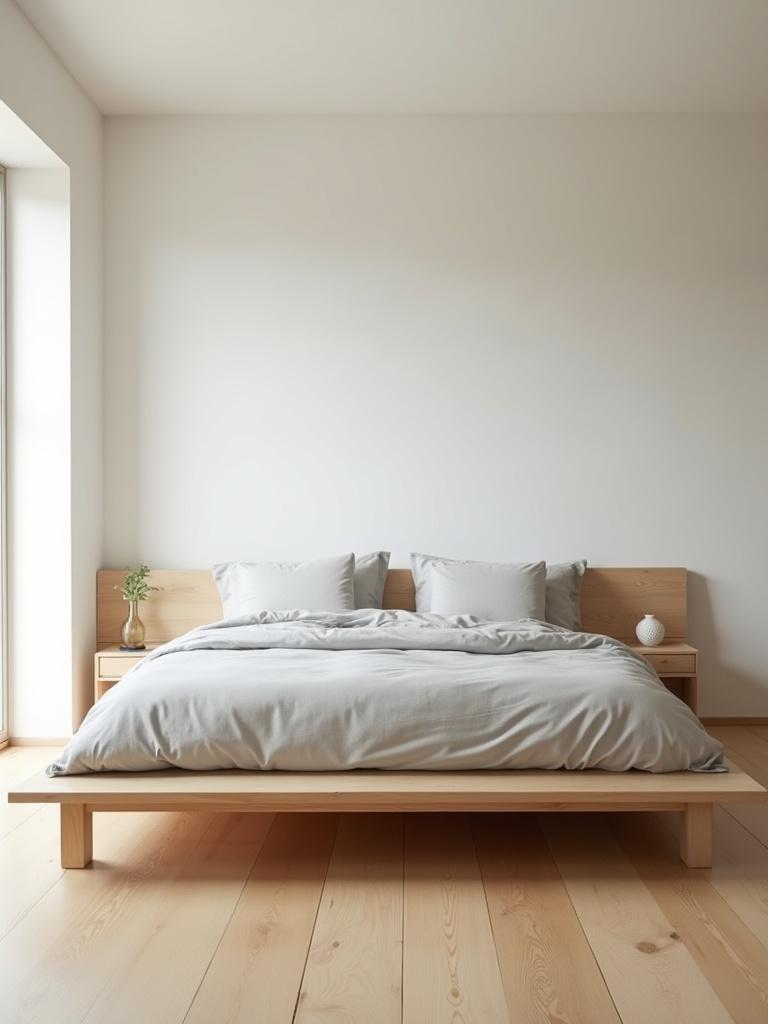 A minimalist bedroom with a wooden platform bed as the centerpiece, featuring light grey linens, natural light, and neutral decor.