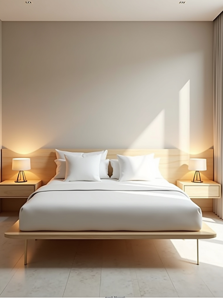 Modern bedroom with a light wood platform bed and neutral decor.
