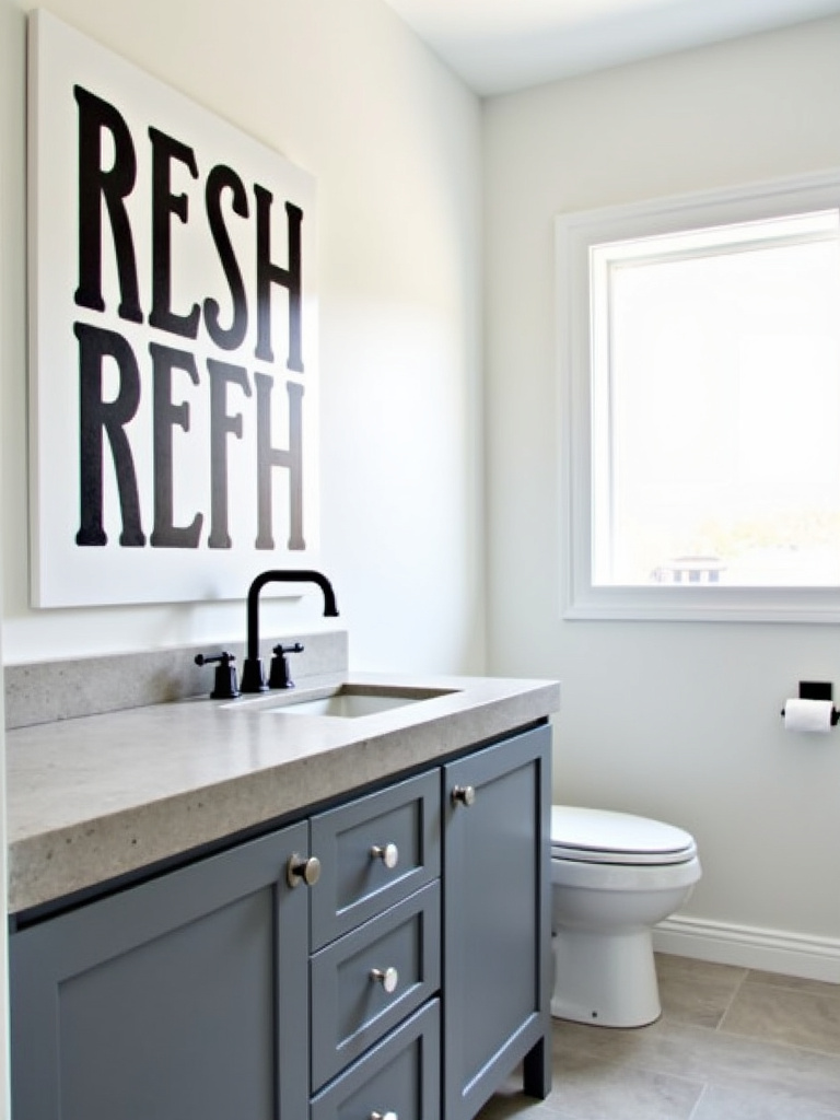 Contemporary bathroom featuring oversized black and white typography art print with the word ‘REFRESH’ above the vanity, playing with scale as impactful wall decoration.