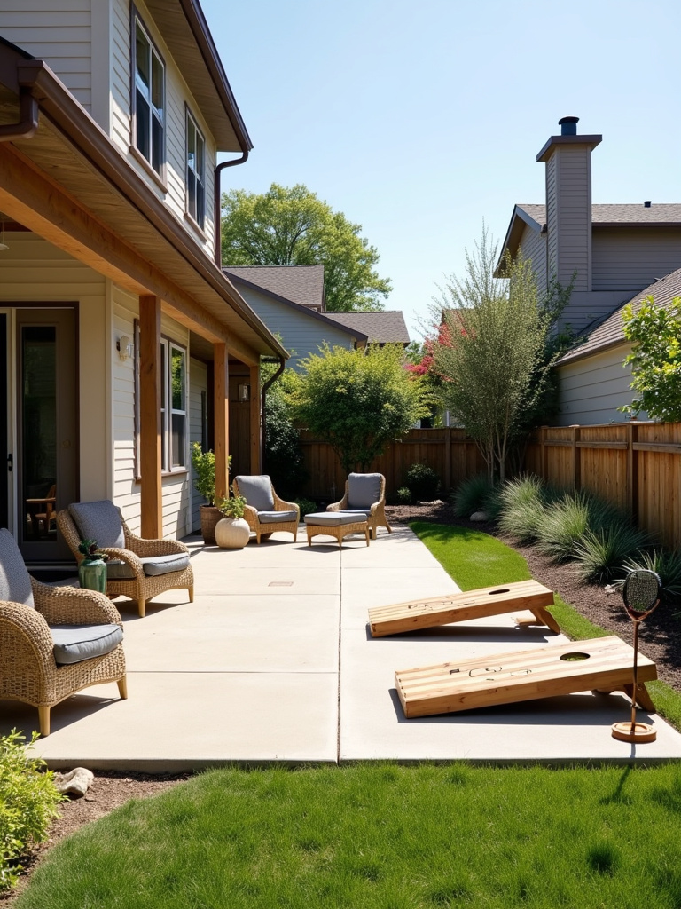 A family-friendly back patio with an outdoor games area.