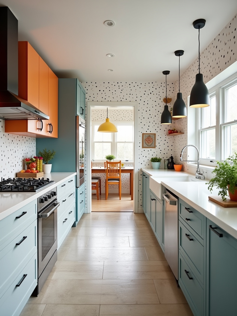 A modern open concept kitchen enhanced by playful polka dot patterned wallpaper and plenty of natural light.