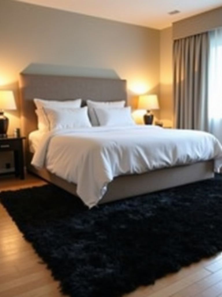 Plush black area rug anchoring a cozy bedroom space.