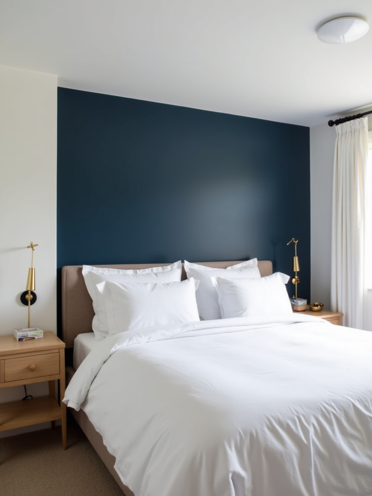 White bedroom with a navy blue accent wall behind the bed, creating a bold contrast.