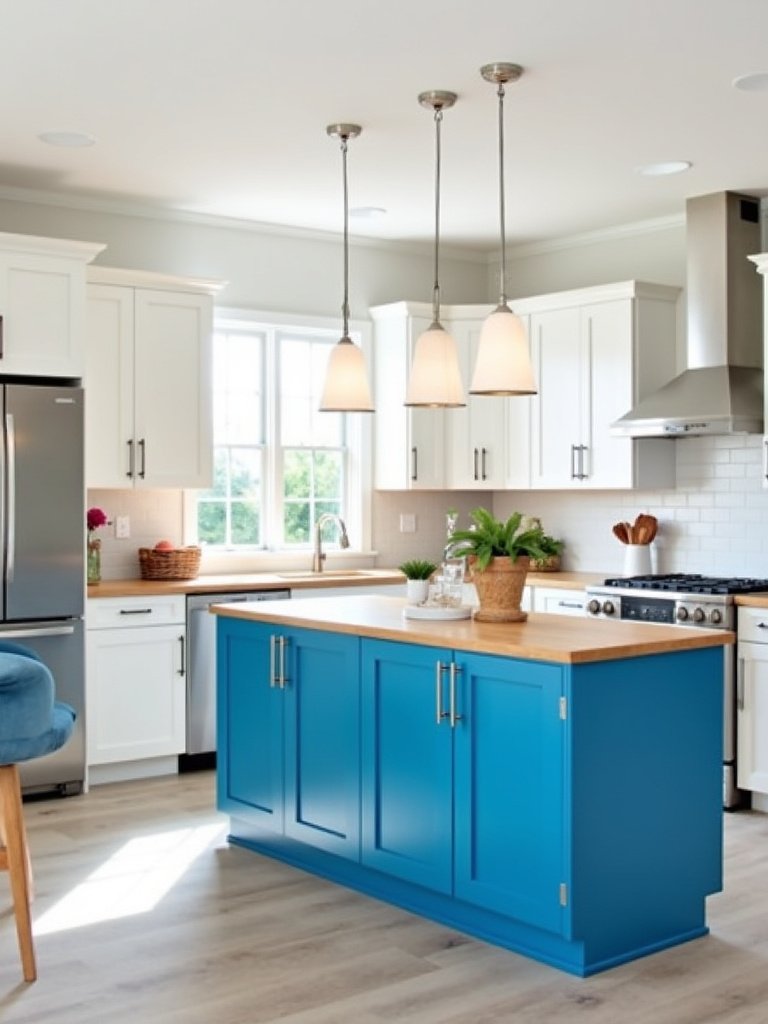 Modern kitchen with white cabinets and a vibrant blue kitchen island, creating a playful and energetic atmosphere.