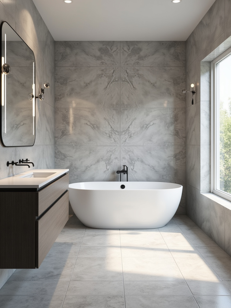 A full bathroom with gray porcelain tiles with marble detail on the walls illuminated by natural light.
