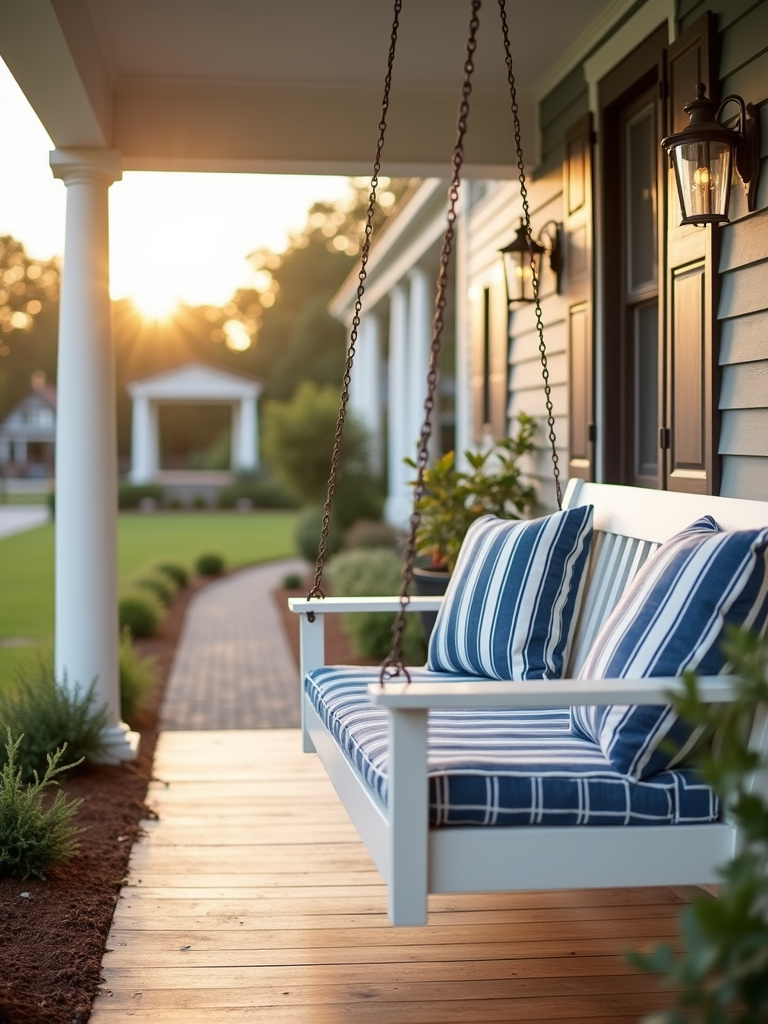 A farmhouse porch with a white wooden porch swing bench with blue and white striped cushions.
