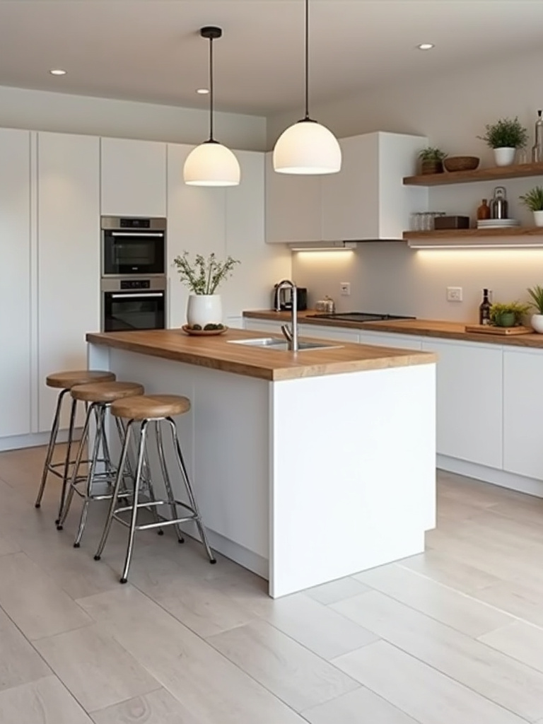 Modern apartment kitchen with a portable white kitchen island and wooden countertop, offering flexible workspace and style