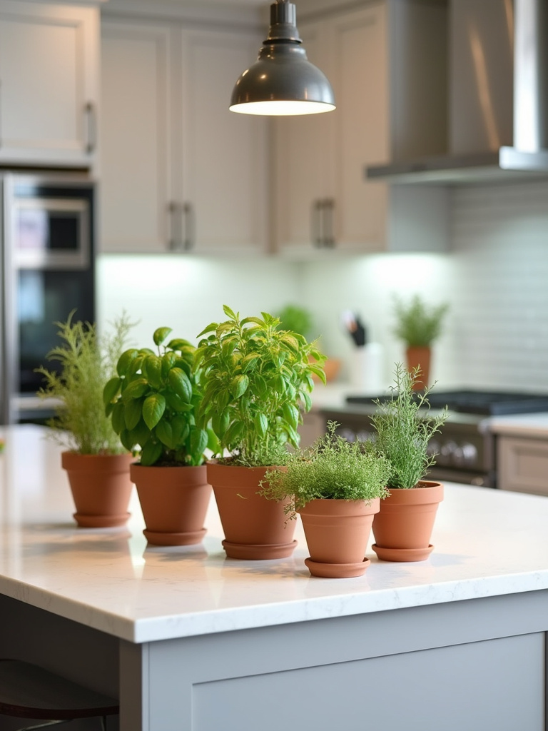 Kitchen island decorated with various potted herbs in ceramic and terracotta pots