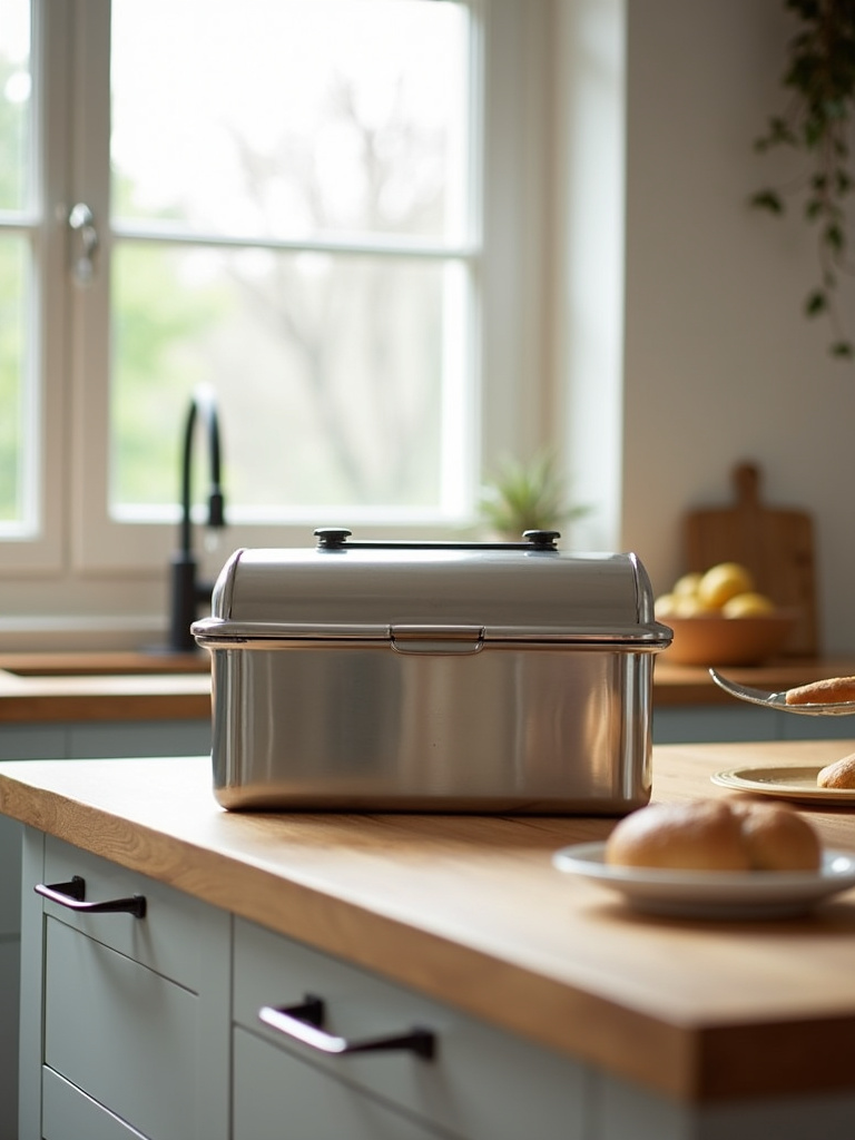 “Stainless steel roll-top bread box on a kitchen countertop, partially open to show a loaf of bread inside, preserving bread freshness in a space-saving design.”