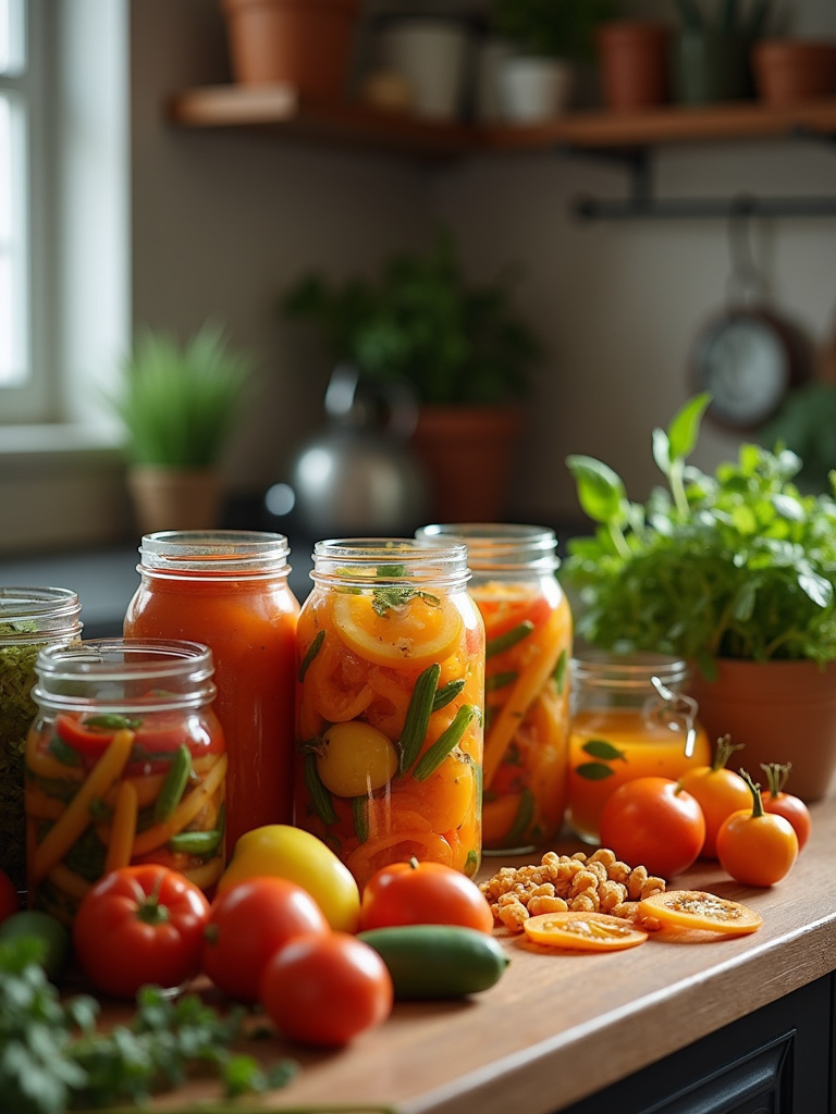 Kitchen scene showing jars of canned vegetables, fresh vegetables being prepared for freezing and drying, illustrating various food preservation methods.
