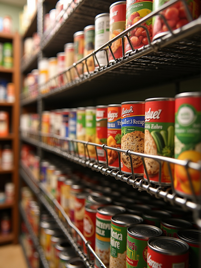 “Metal tiered can organizers on pantry shelves, neatly organizing rows of soup cans, vegetable cans, and fruit cans, preventing can chaos and improving pantry organization.”