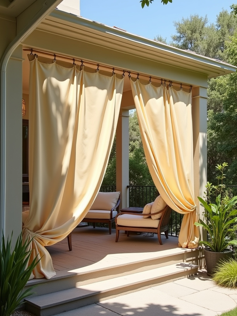 A private and shady back porch patio with stylish outdoor curtains.
