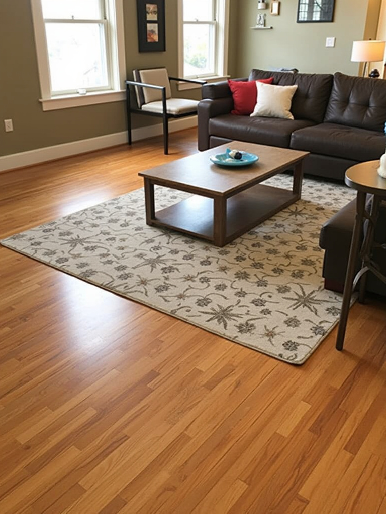 Living room with hardwood floors protected by a stylish patterned rug in the seating area.