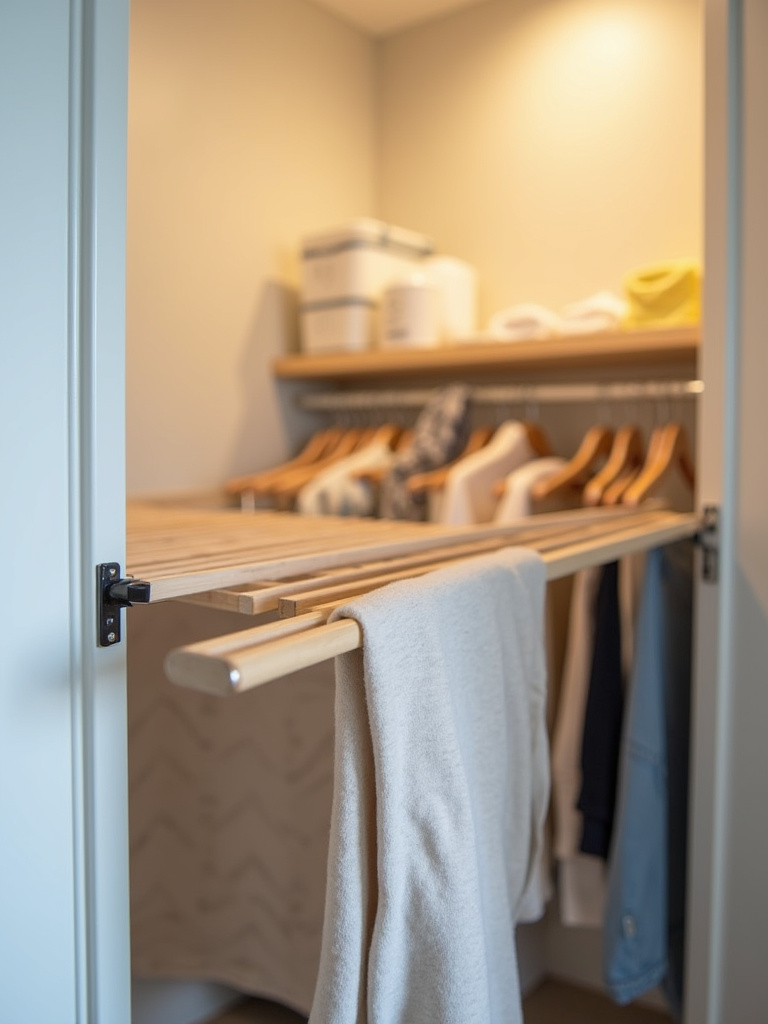 A laundry room with a convenient wooden pull-out drying rack extended from a white cabinet, highlighting a practical solution for air-drying delicate clothes.