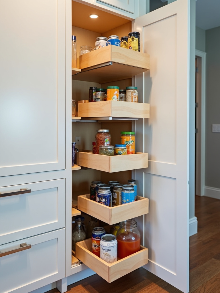 Interior view of a modern kitchen pantry cabinet with pull-out shelves fully extended, showcasing organized food storage.