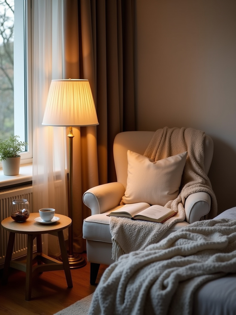 Cozy bedroom reading nook with armchair, lamp, and soft textiles.