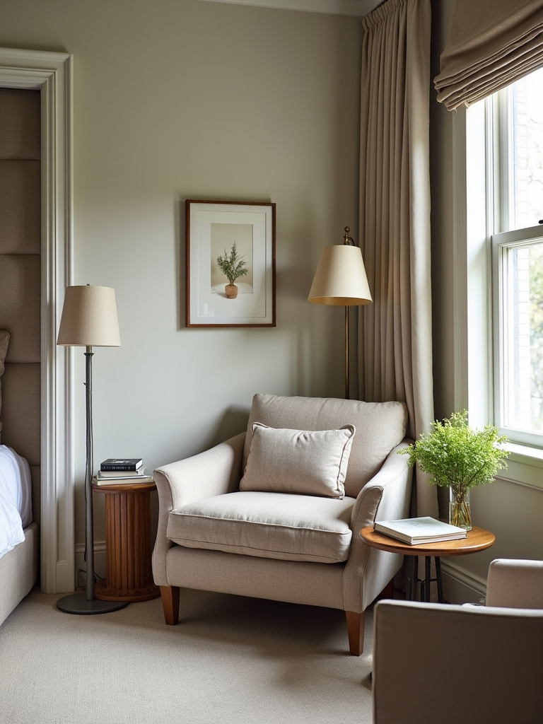 A comfortable reading nook featuring a plush chair, side table and floor lamp in a well-lit master bedroom.