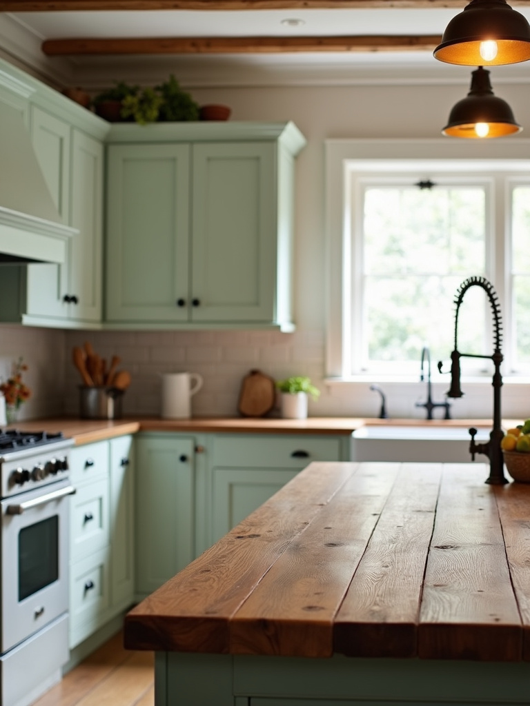 Farmhouse kitchen with reclaimed wood countertops, pale green cabinets, and apron-front sink