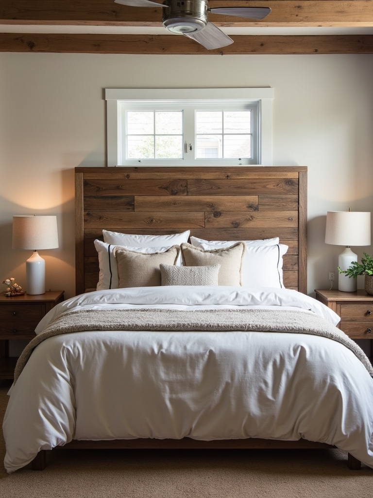 Rustic bedroom with a headboard made from reclaimed wood.