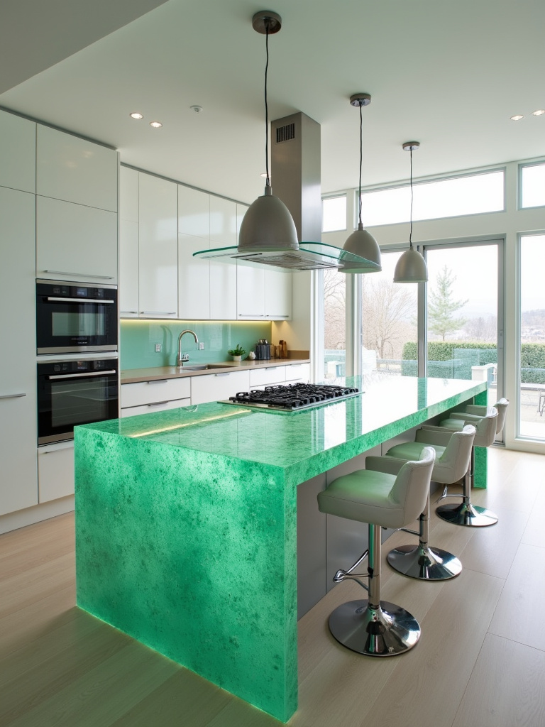 Modern kitchen island with recycled glass countertops speckled with green glass