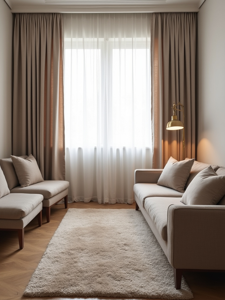 Serene living room with a thick wool rug and soft furnishings for sound absorption.