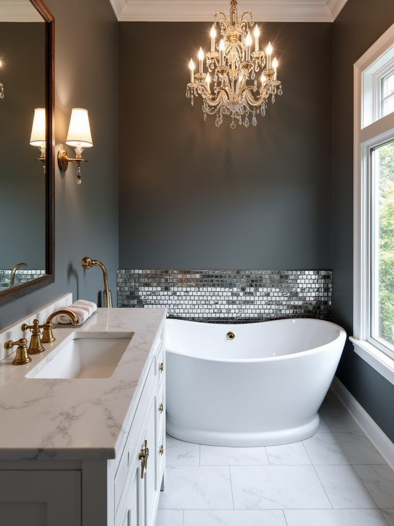 Glam bathroom featuring mirrored wall accents made of small square mirror tiles behind the bathtub, reflecting light as luxurious wall decoration.