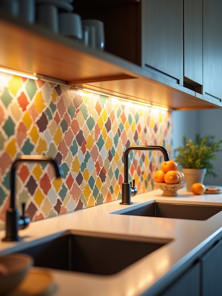 Apartment kitchen backsplash transformed with vibrant, geometric peel and stick tiles, adding renter-friendly style and personality