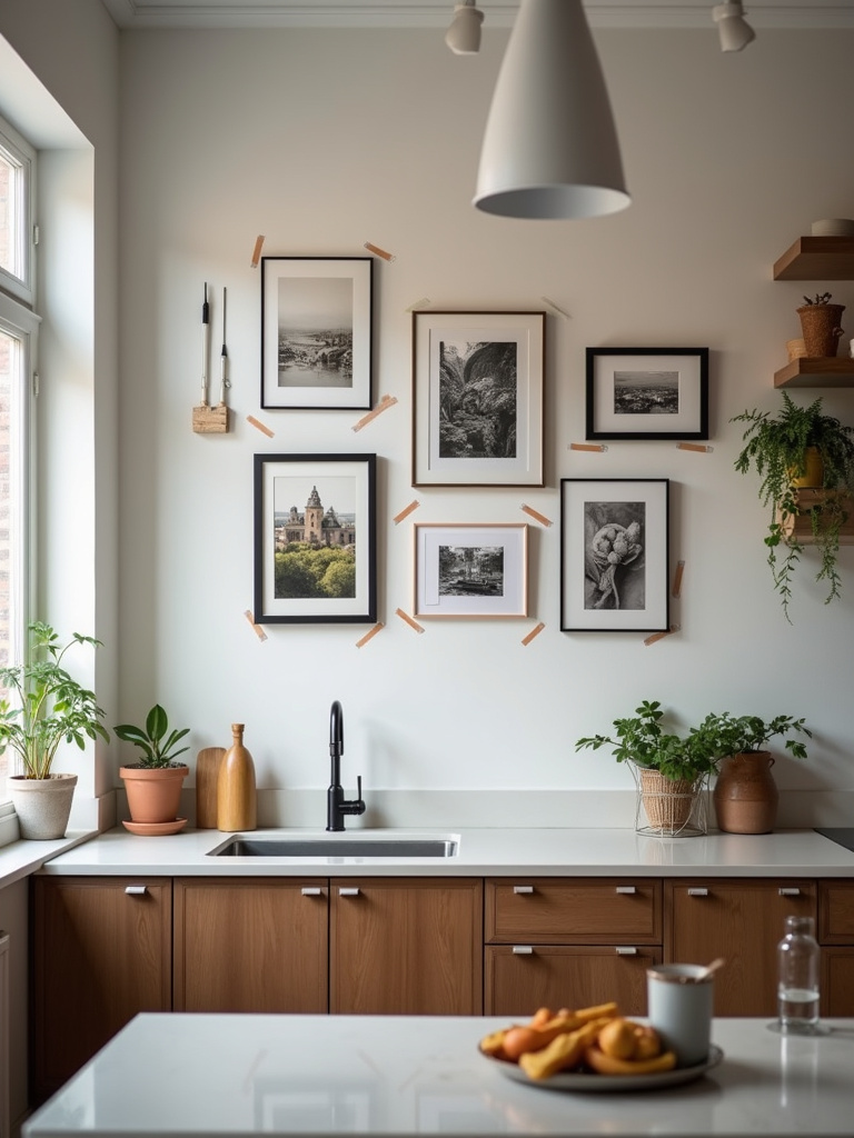 Apartment kitchen wall decorated with a renter-friendly gallery wall of framed art prints, adding personal style and visual interest.