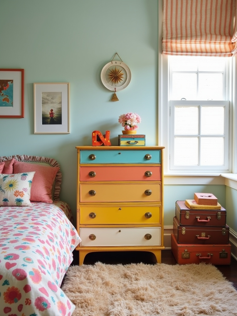 Kids bedroom with upcycled furniture finds adding unique charm