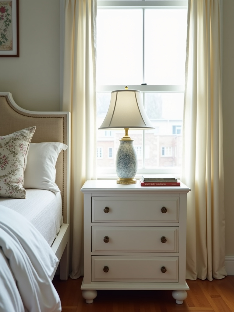 Repurposed white dresser used as a nightstand in a naturally lit bedroom