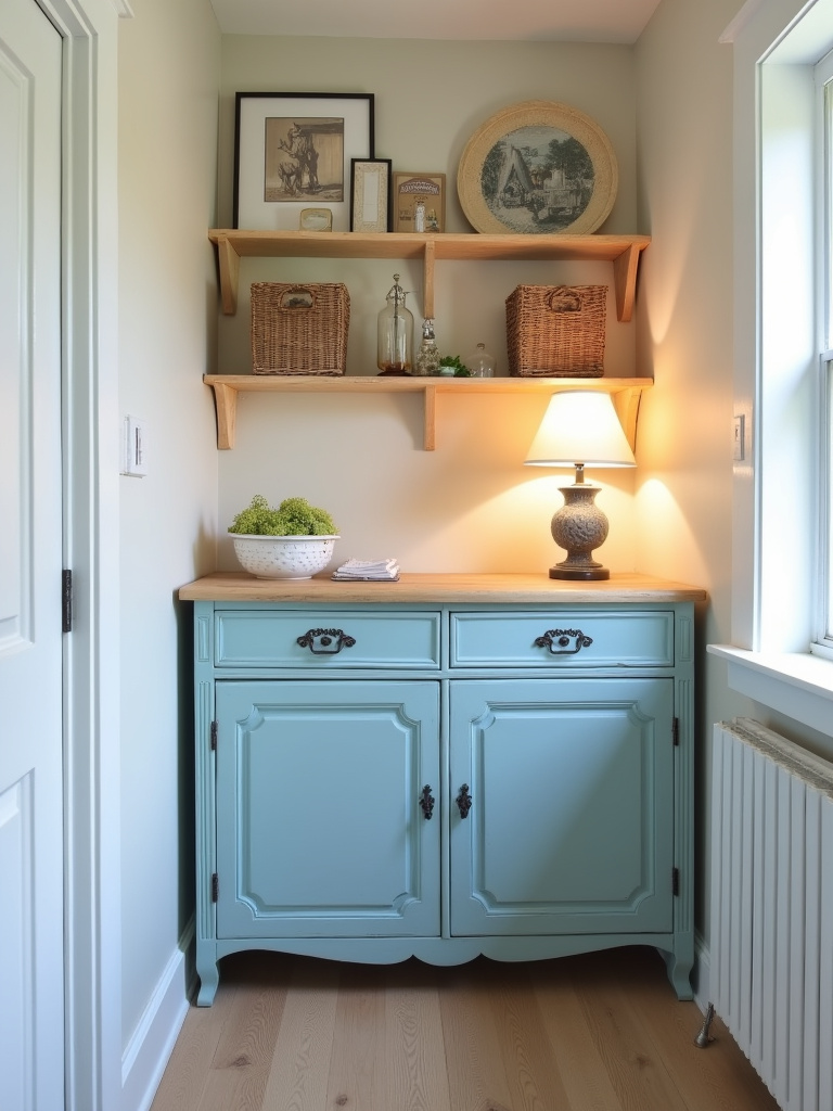 A laundry room with a repurposed vintage dresser serving as a unique and charming laundry cabinet, showcasing creative furniture repurposing.